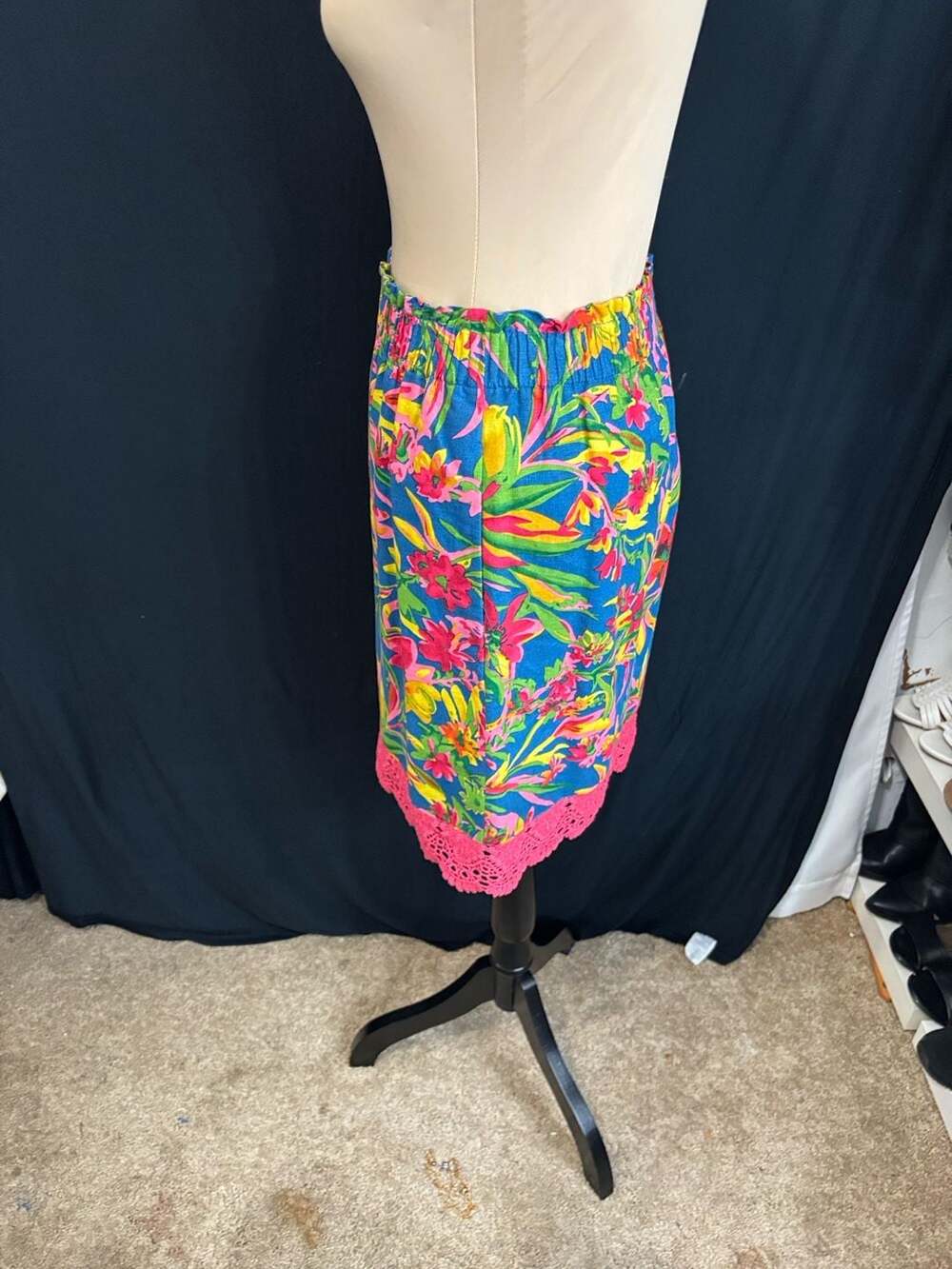 J.Crew Tropical Floral Print Pull-On Linen Blend Mini Skirt with Pink Lace Hem a